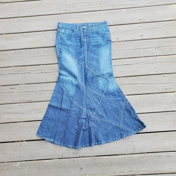 Vintage y2k Bebe Blue Jean Denim Bling Stretch Sexy Mermaid Maxi Skirt 30 - Picture 2 of 9